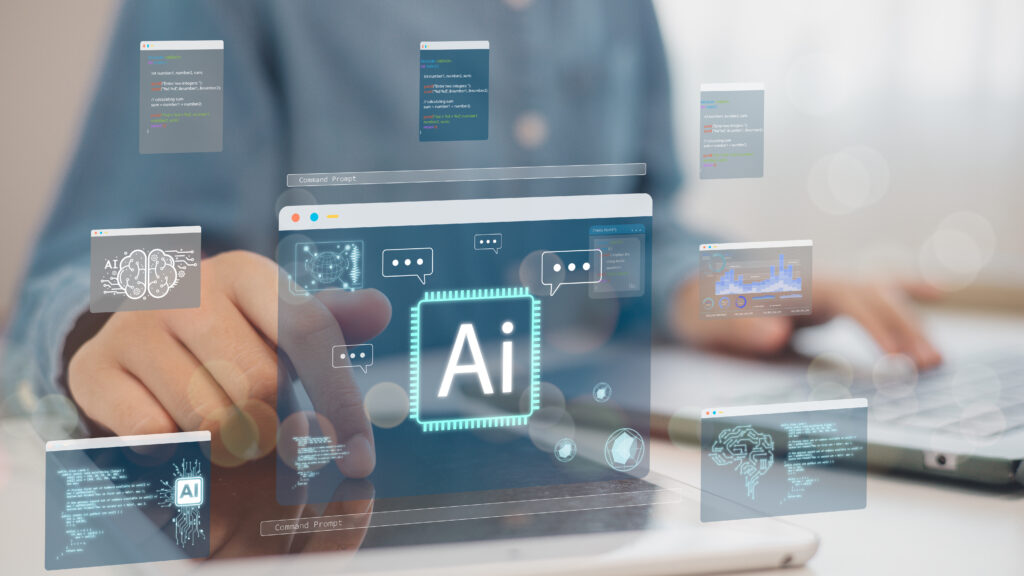 Businessmen using technology AI for working tools. Chatbot Chat with AI, using technology smart robot AI, artificial intelligence to generate something or Help solve work problems.